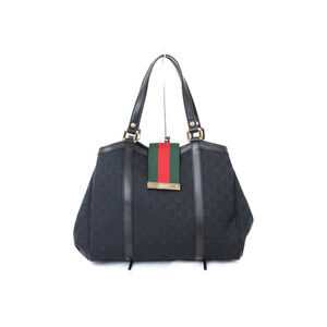GUCCI Sherry Line Bag Black Canvas Leather Handbag